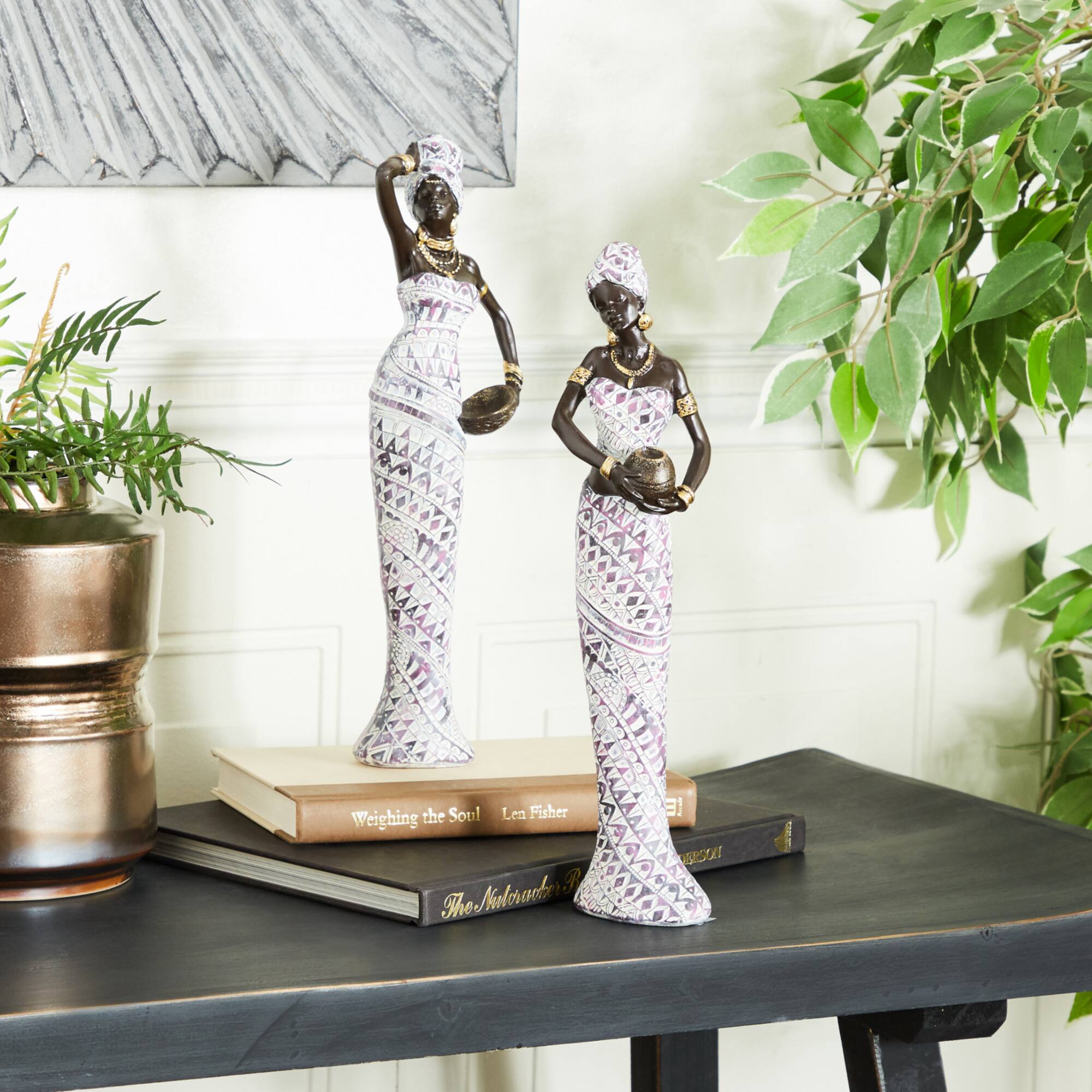 Set of 2 Multi Polystone Eclectic Sculptures, 13" x 3" x 3"